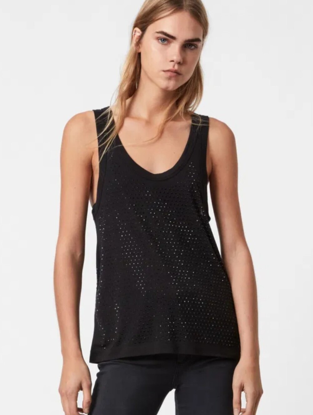AllSaints Orvi Sparkle Black Stud-Embellished Racer Back Flowy Silky Soft Tank